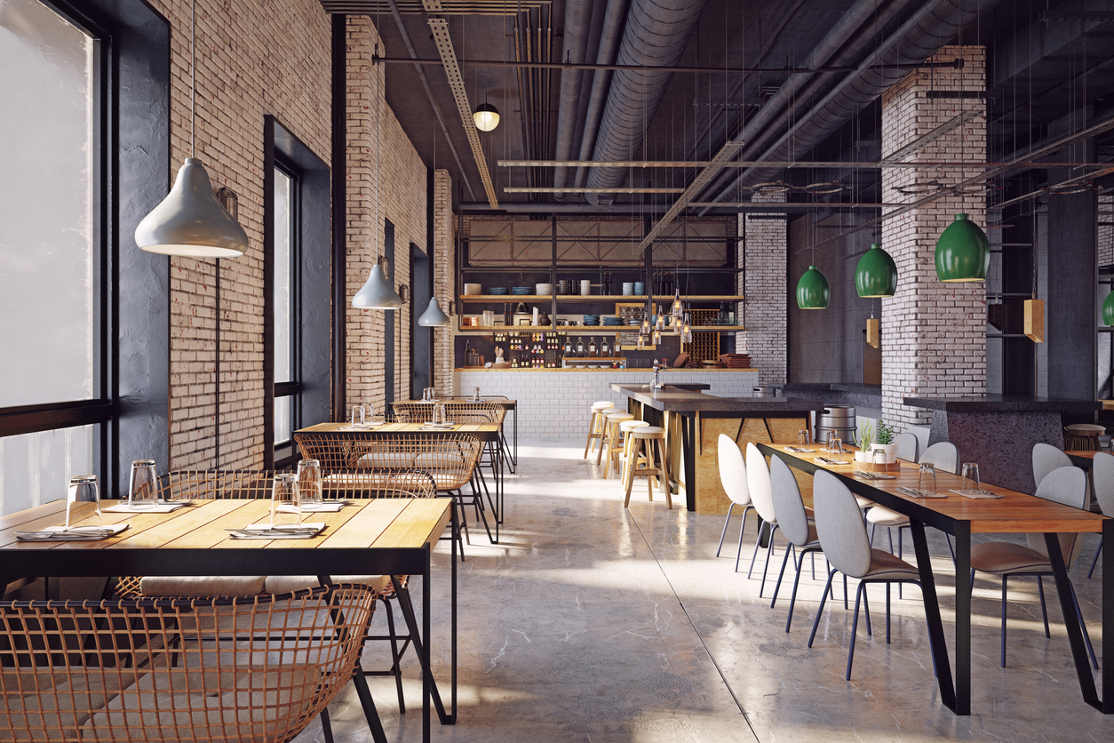 restaurant with industrial style decoration and exposed brick