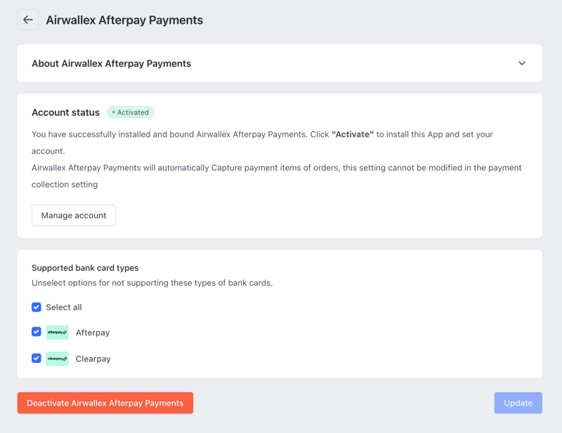 Shopline Afterpay Manage Screen