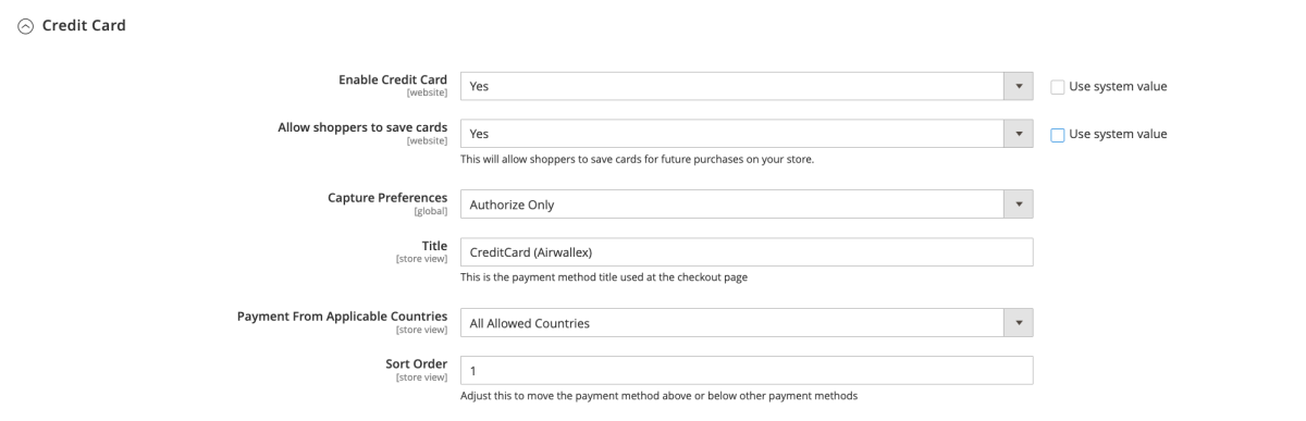 Magento Credit Card Setting 