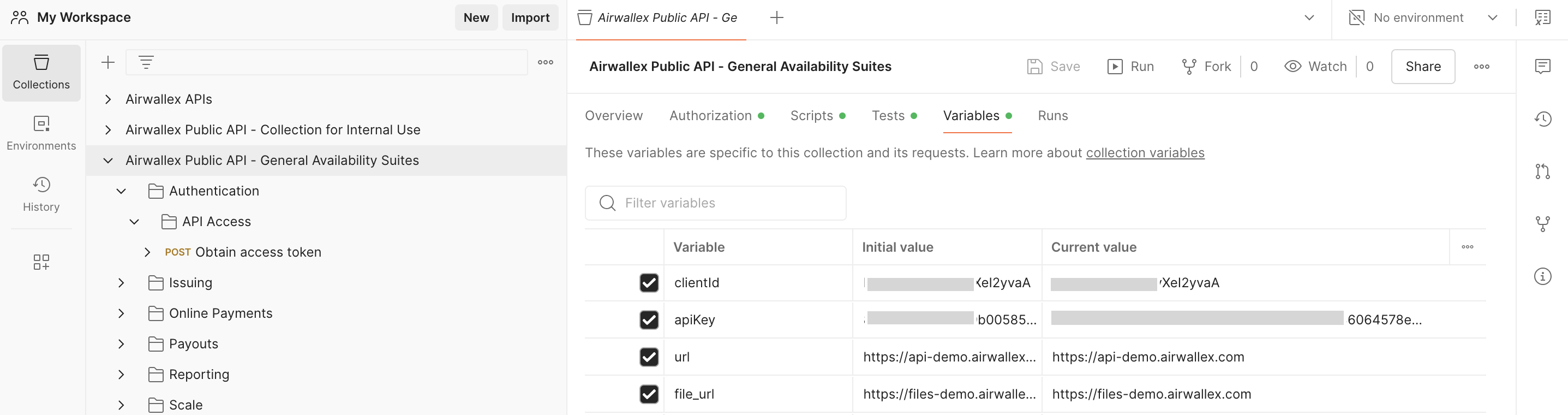 Airwallex Postman collection variables