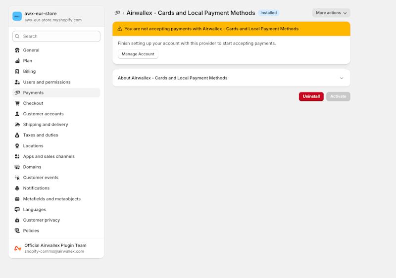 Shopify Online Payments Manage 