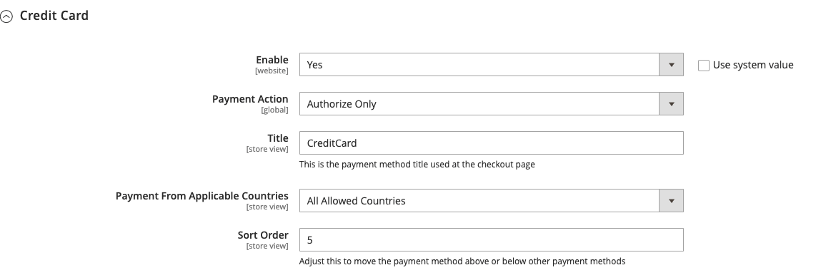 Magento card configuration