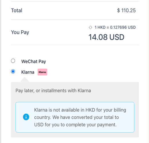 Klarna Woo currency switching