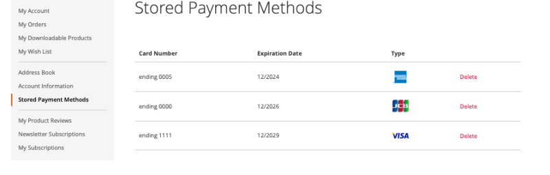 Magento Managing Saved Cards