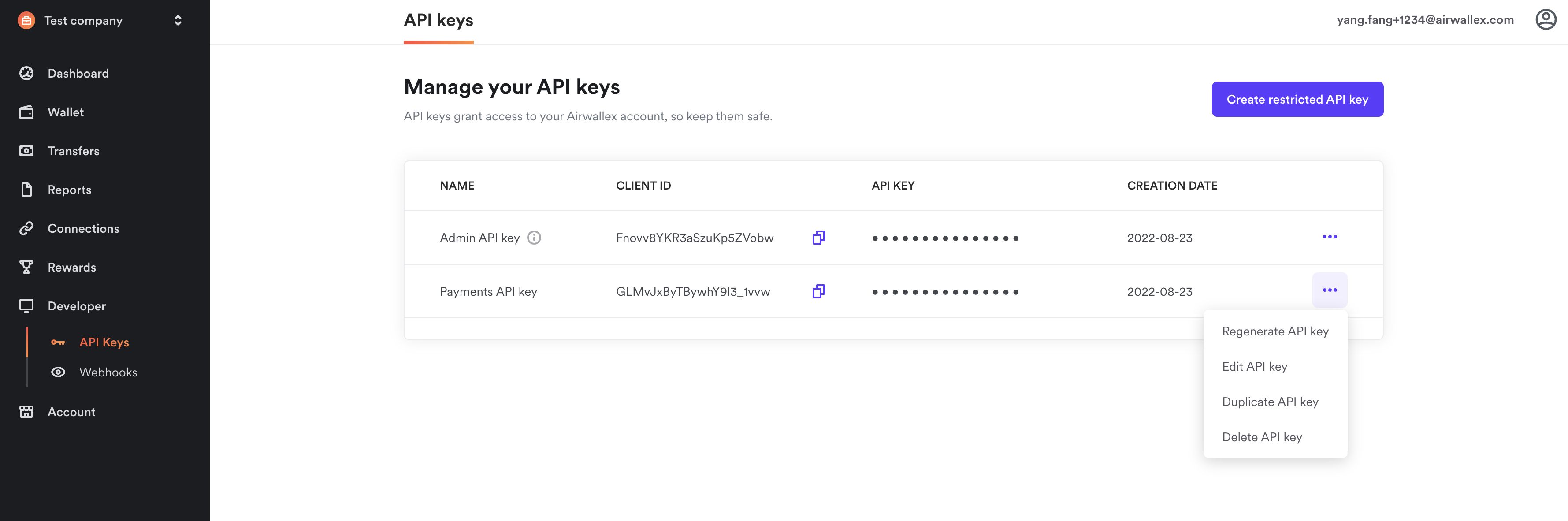 Edit restricted API key
