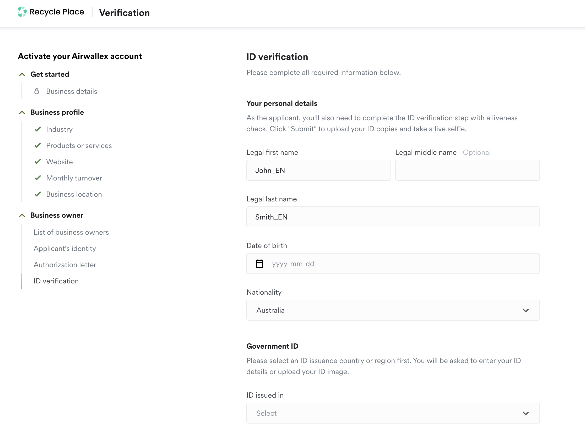 Sample onboarding form