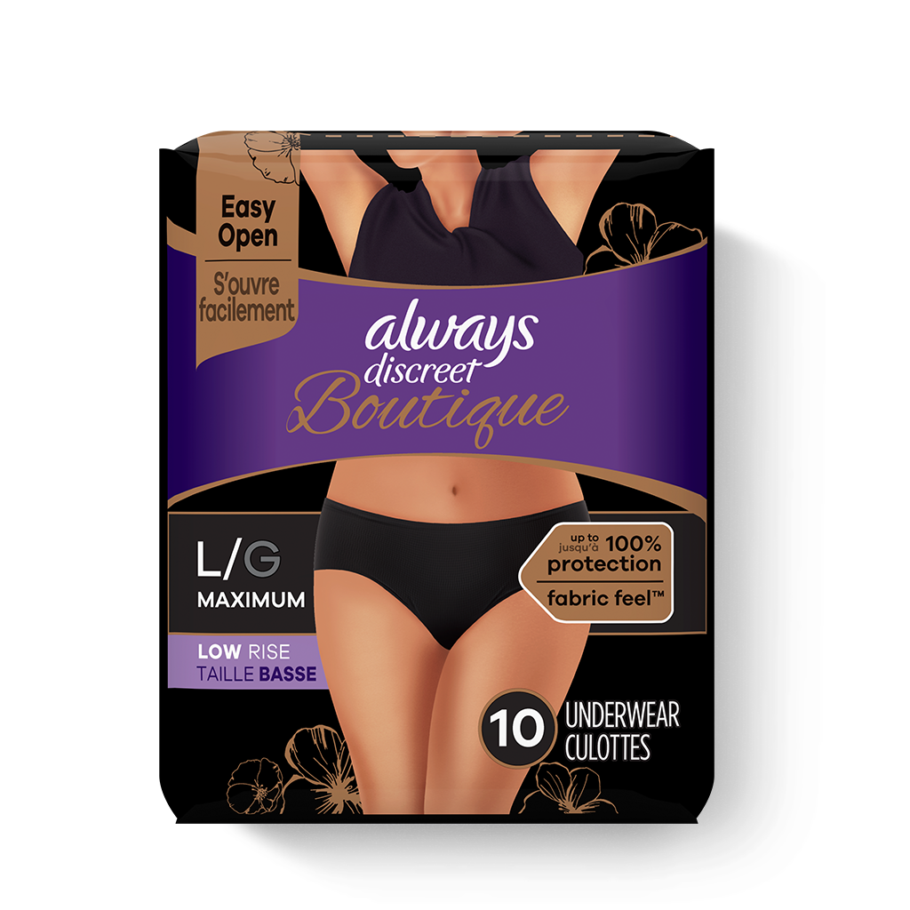 Always Discreet Boutique, Culottes Fuites Urinaires, Taille M, Noir,  Absorption 6, 36 Sous-Vêtements Jetables Incontinence Femme, Fuites  Urinaires Importantes, Maternité post accouchement, Pack 1 Mois :  : Hygiène et Santé