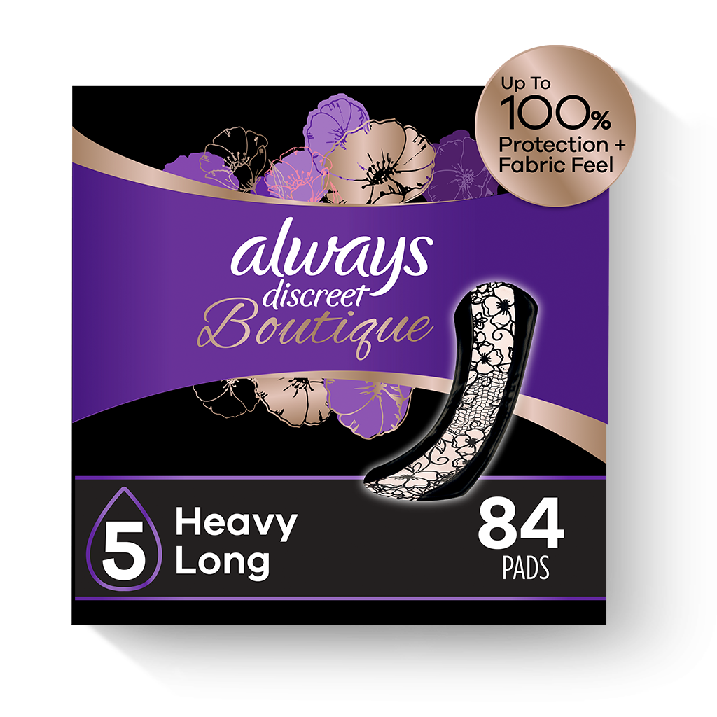 Serviettes d’incontinence Always Discreet Boutique, Flux extra-abondant, Extra Heavy. 84