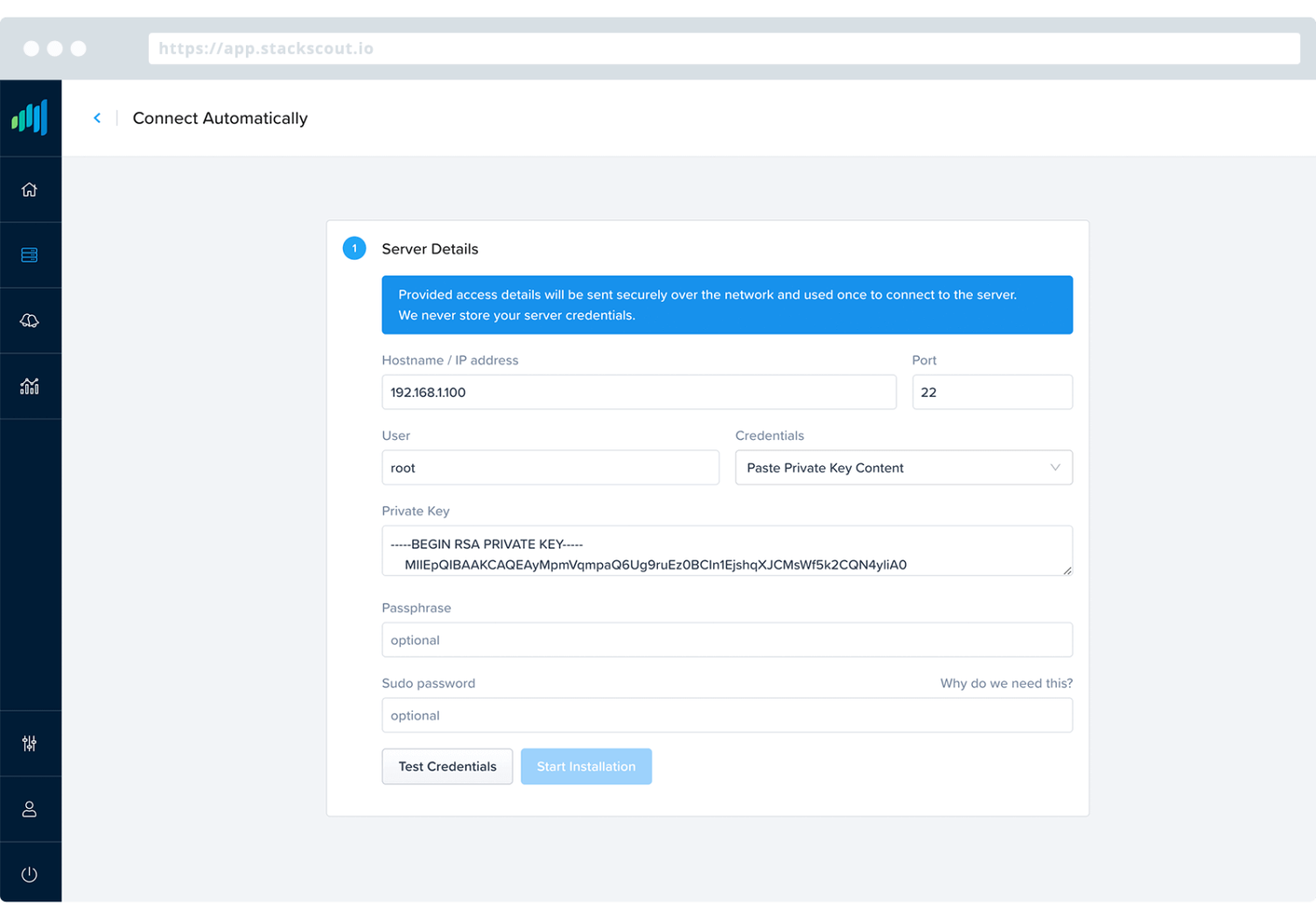 StackScout Automatic Agent Installation Screenshot