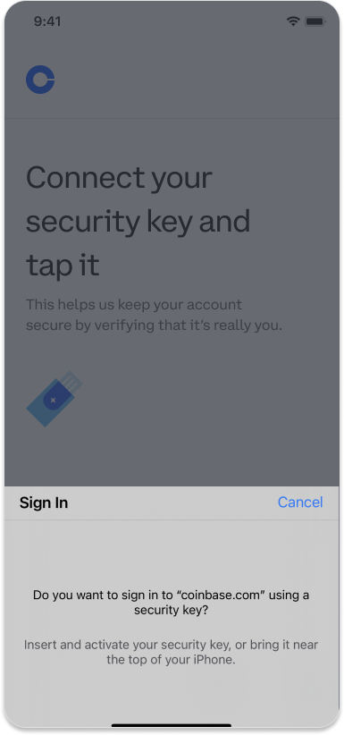 Coinbase prompt to use your security key for 2FA on mobile