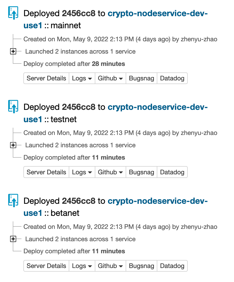 Scaling Node Operations at Coinbase - On May 9 at 2:13 PM PDT, the change was automatically deployed to all our non-production environments for Algorand.