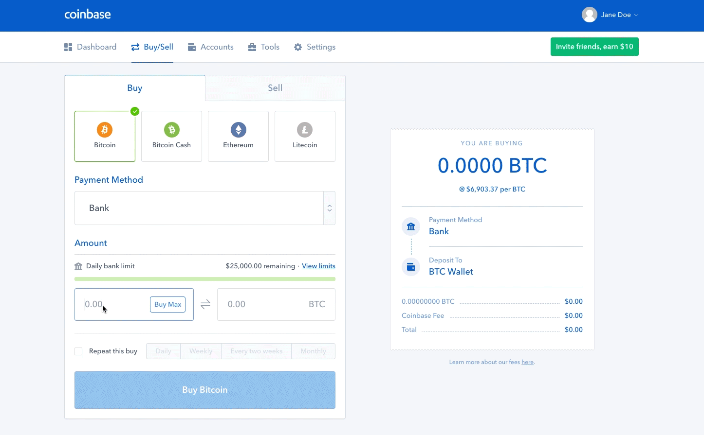 Buy/Sell cryptocurrency - Coinbase