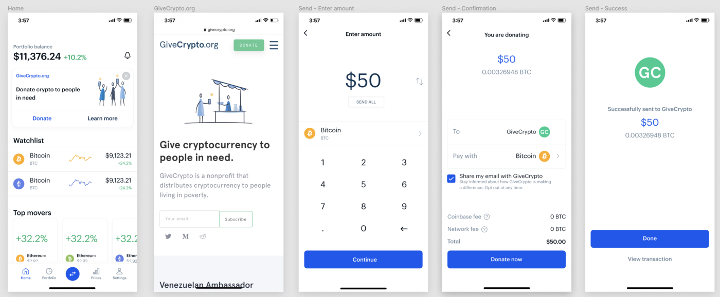 GiveCrypto Q3 Update - Example of the previous, multi-step flow required to donate in the Coinbase app