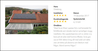 Kundomdöme av solcellsinstallation från Hans från Göteborg för Gothia Solenergi