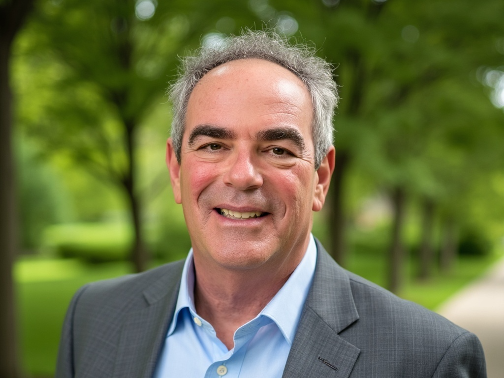 Rick Silver, a white male with curly salt and pepper hair dressed in a blue shirt and suit jacket with trees behind him