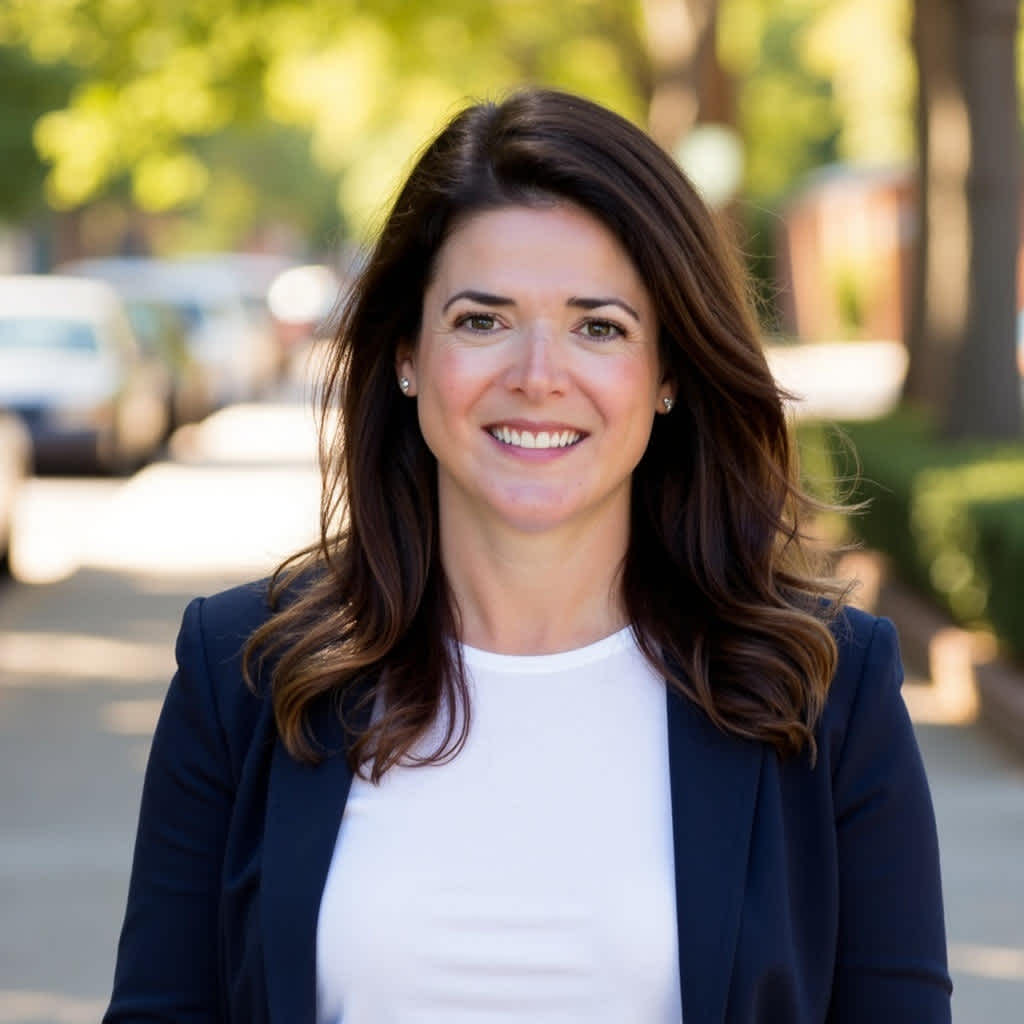 Gemma Demasi, a white female with long brown hair smiles widely wearing a white shirt and suit jacket. A quiet city street is behind her.