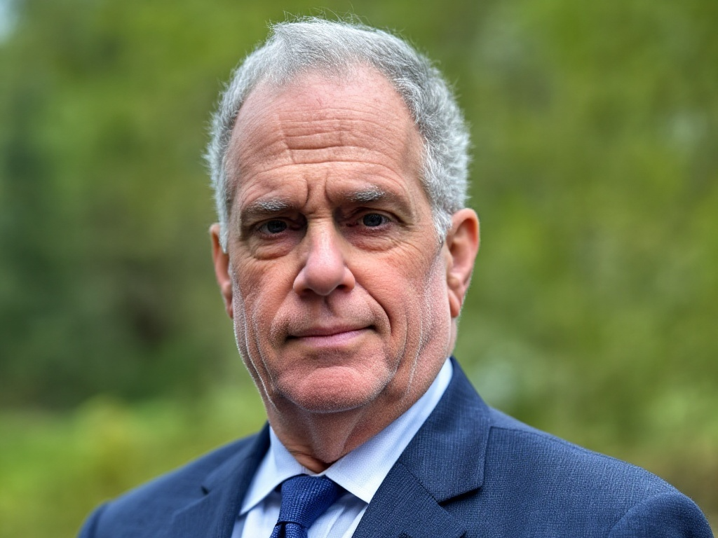 John Parisi, a white male with cropped white and grey hair looks directly into the camera wearing a navy suit jacket and tie. Foliage is in the background.