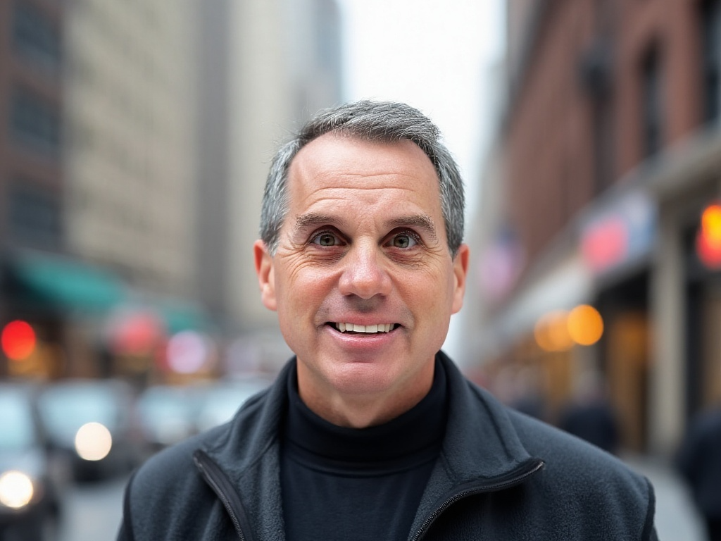 Steve Carluccio, a white male with dark hair smiles while a busy city scene unfolds behind him