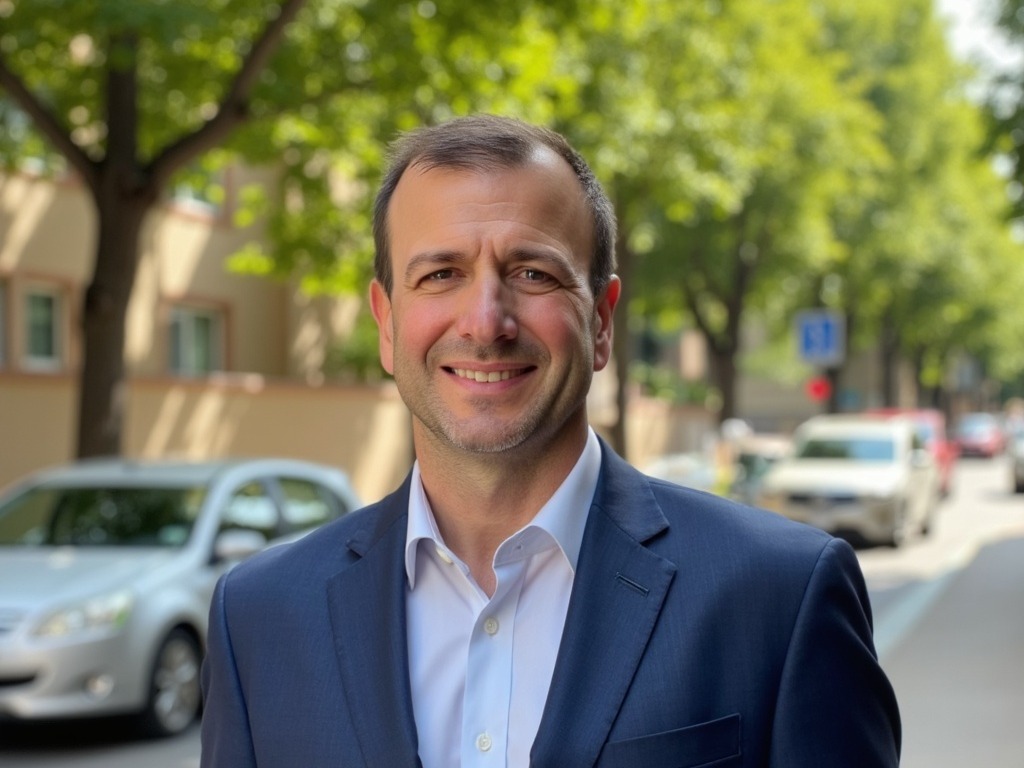 Michael Gagne, a white male with cropped brown hair smiles widely wearing a white shirt and suit jacket. A quiet city street is behind him.
