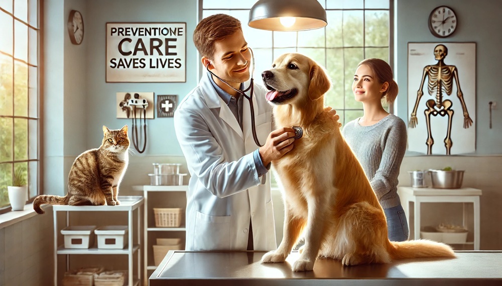 A veterinarian examines a happy dog and cat in a professional clinic, highlighting the importance of routine pet wellness exams. The "Preventive Care Saves Lives" banner reinforces early detection and pet health screenings. Perfect for veterinary websites, pet care blogs, and animal health campaigns.