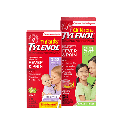 Two packets of Infants' and Children's TYLENOL® Fever and Pain Products