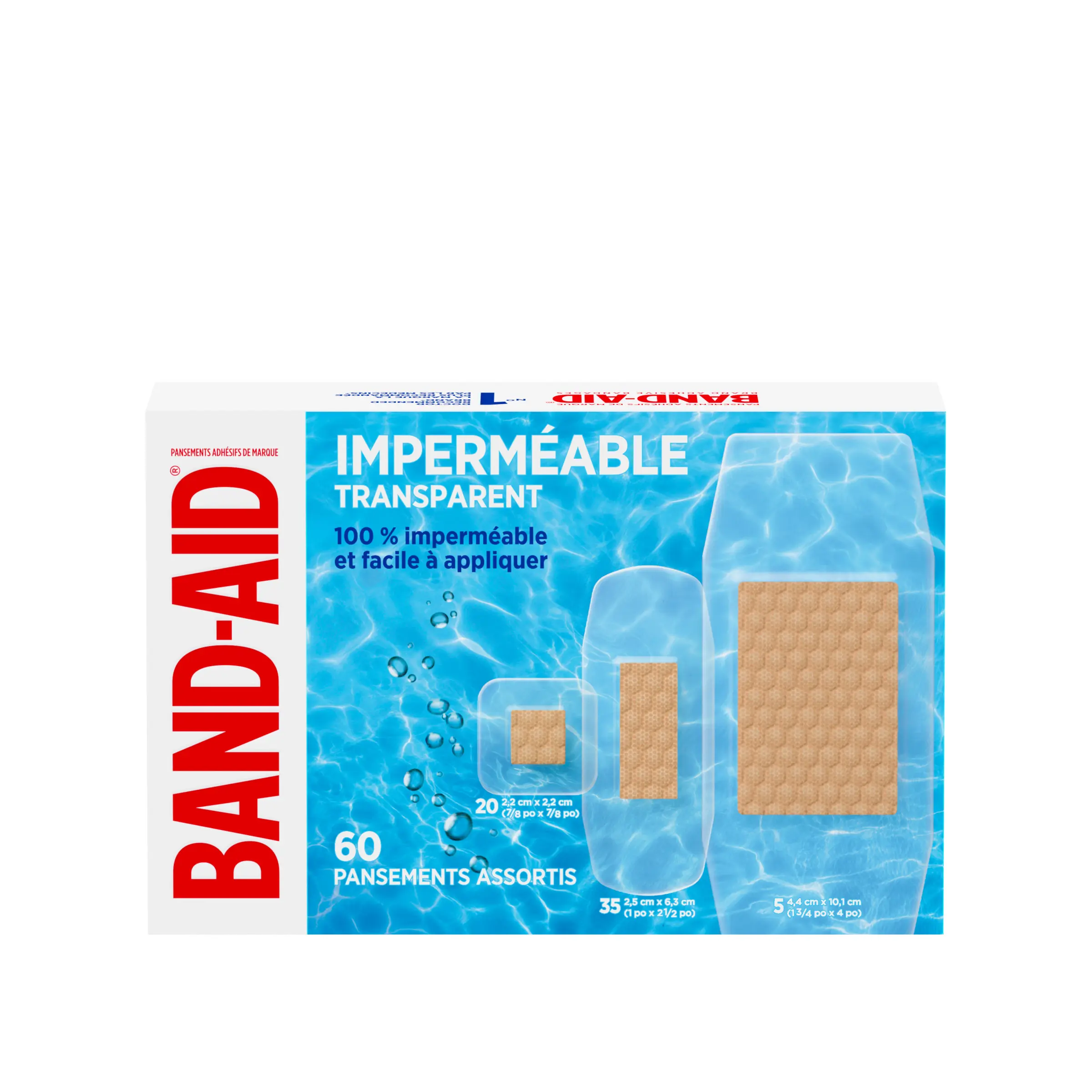 Pansements transparents imperméables de marque BAND-AID®, tailles assorties, 60 unités