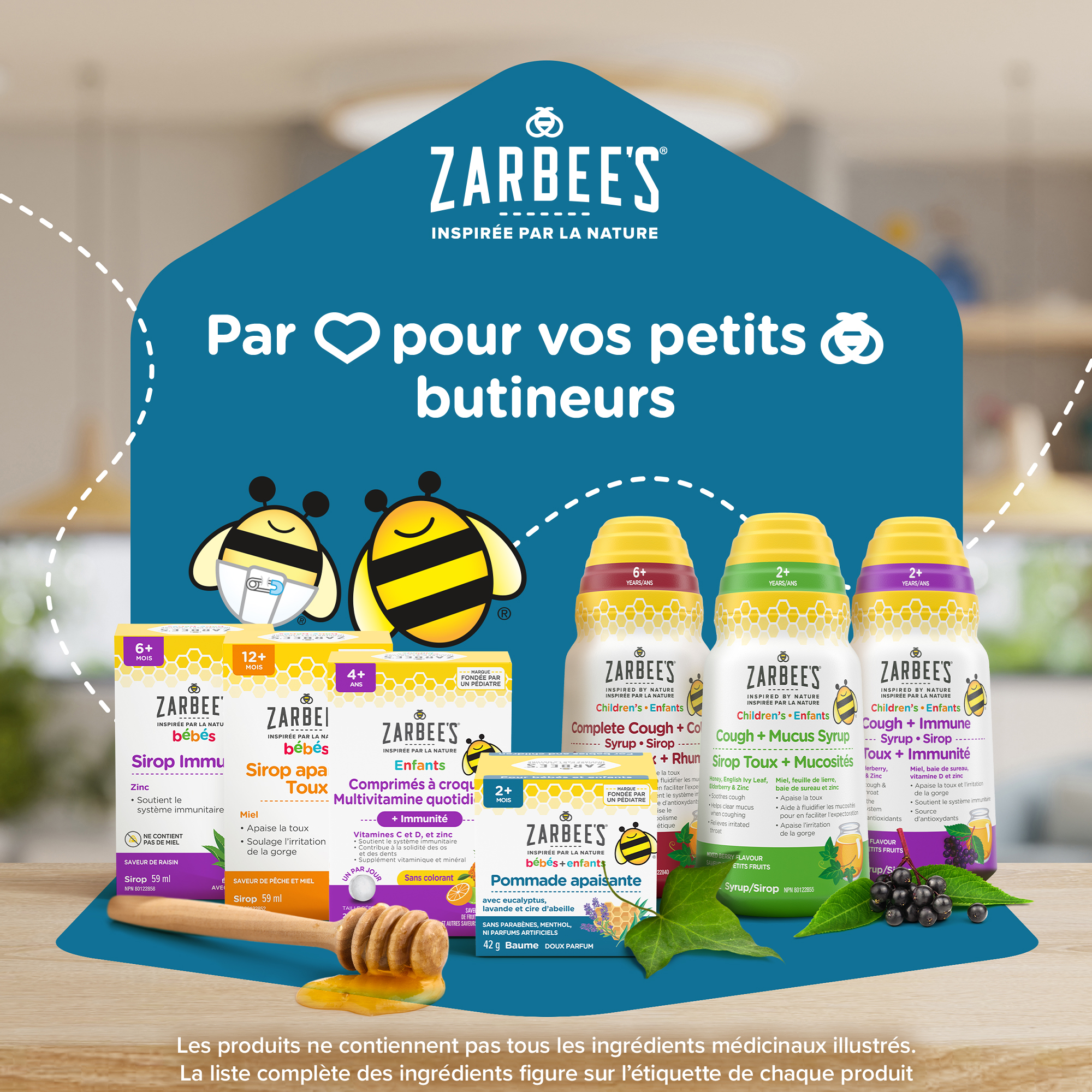 Une collection de produits Zarbee’s sur fond bleu