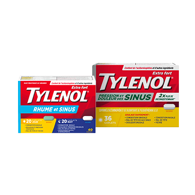 Boîte de 40 caplets TYLENOL® Rhume et sinus Jour et Nuit et boîte de 36 caplets TYLENOL® Pression et douleur des sinus