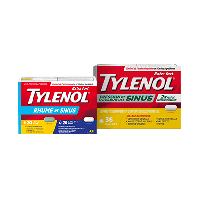 Boîte de 40 caplets TYLENOL® Rhume et sinus Jour et Nuit et boîte de 36 caplets TYLENOL® Pression et douleur des sinus