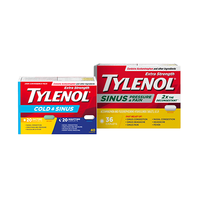 Two packets of TYLENOL® Cold and Sinus day and night caplets, 40 count and TYLENOL® Sinus Pressure and Pain Caplets, 36 counts