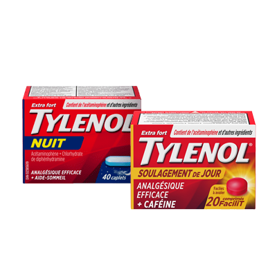 Deux boîtes de 40 caplets de TYLENOL® Extra fort Nuit et de TYLENOL® Courbatures Nuit