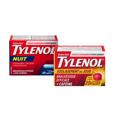 Deux boîtes de 40 caplets de TYLENOL® Extra fort Nuit et de TYLENOL® Courbatures Nuit