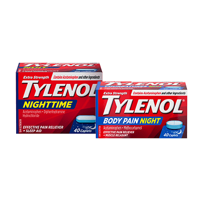 Two packets of TYLENOL® Nighttime and Body Pain Nighttime caplets , 40 caplets each