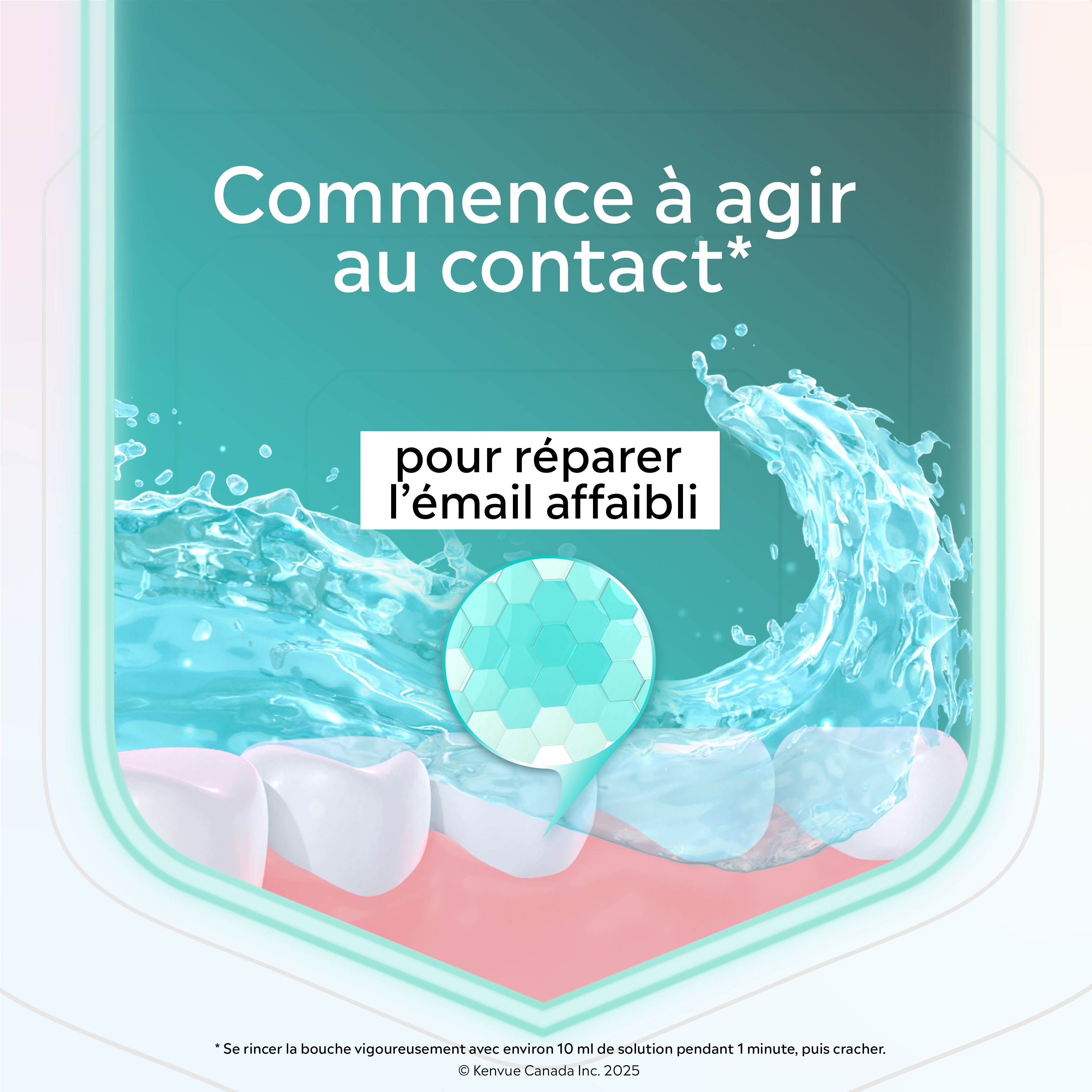 Illustration du rince-bouche Listerine Clinical Solutions réparant l'émail affaibli sur les dents.