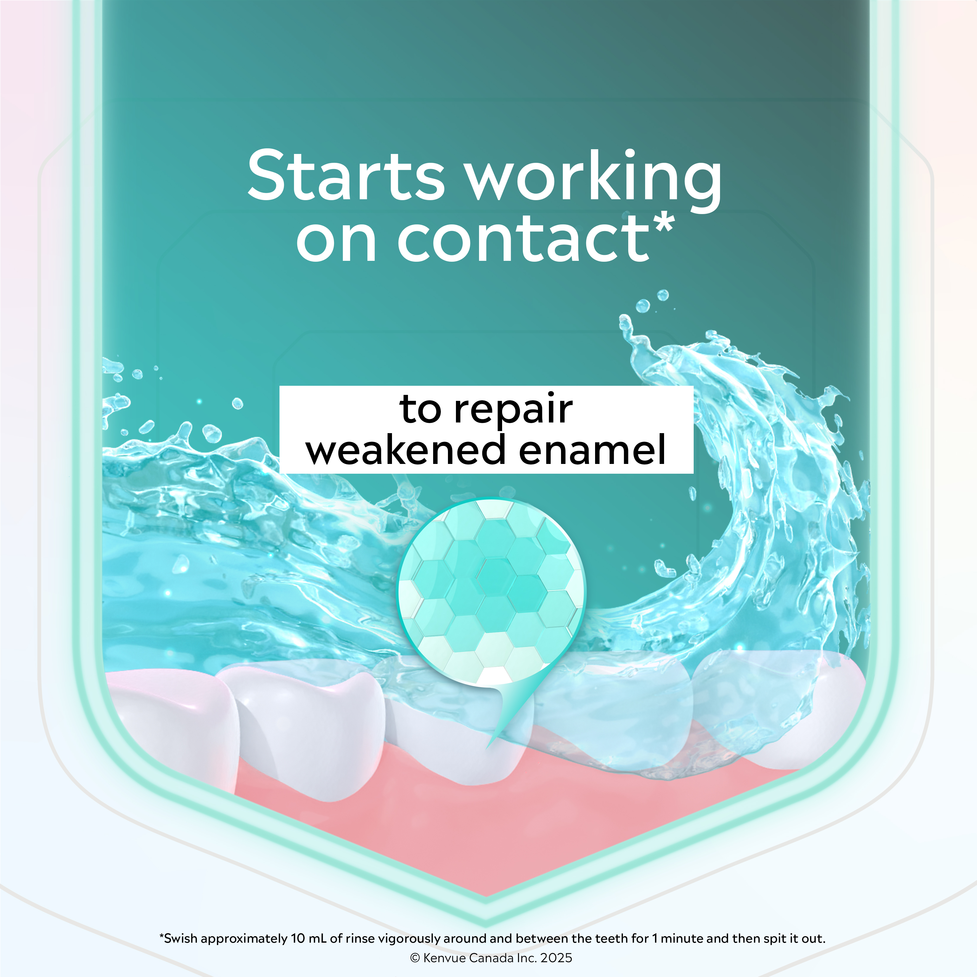 illustration of Listerine Clinical Solutions mouthwash repairing weakened enamel on teeth.