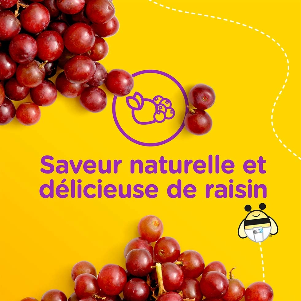 Des raisins sur une surface jaune avec la mention « Saveur naturelle et délicieuse de raisin ». 