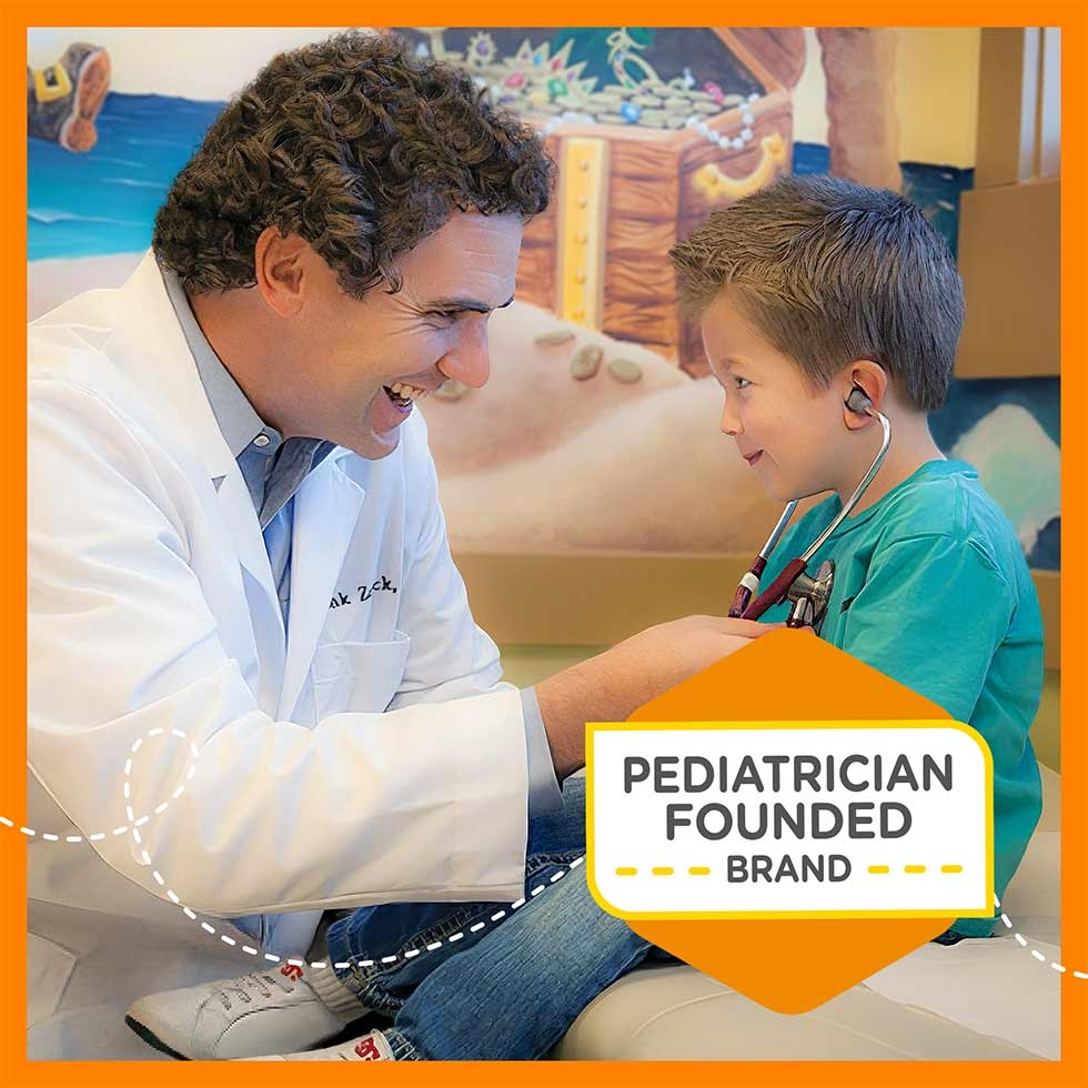 Pediatrician Dr. Zak Zarbock holding a stethoscope and smiling at a little boy with a statement saying 'Pediatrician founded brand'