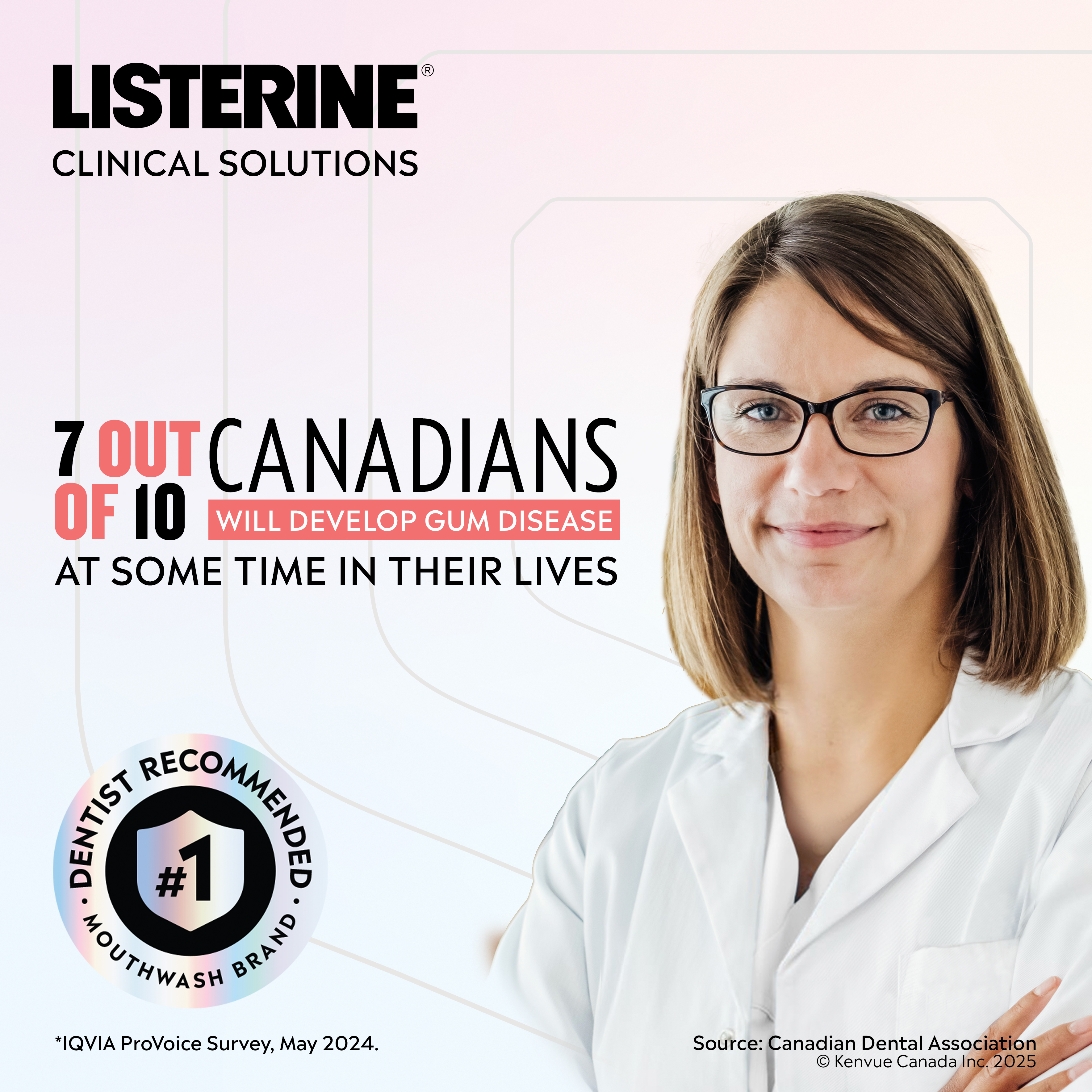 Female dentist with glasses smiling  next to 'Number 1 dentist recommended Mouthwash Brand'  and Listerine Clinical Solutions Logos