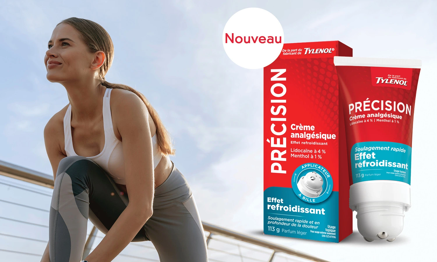 Femme en tenue de sport s’étirant à l’extérieur, avec un visuel du produit Crème analgésique rafraîchissante Précision des fabricants de TYLENOL®