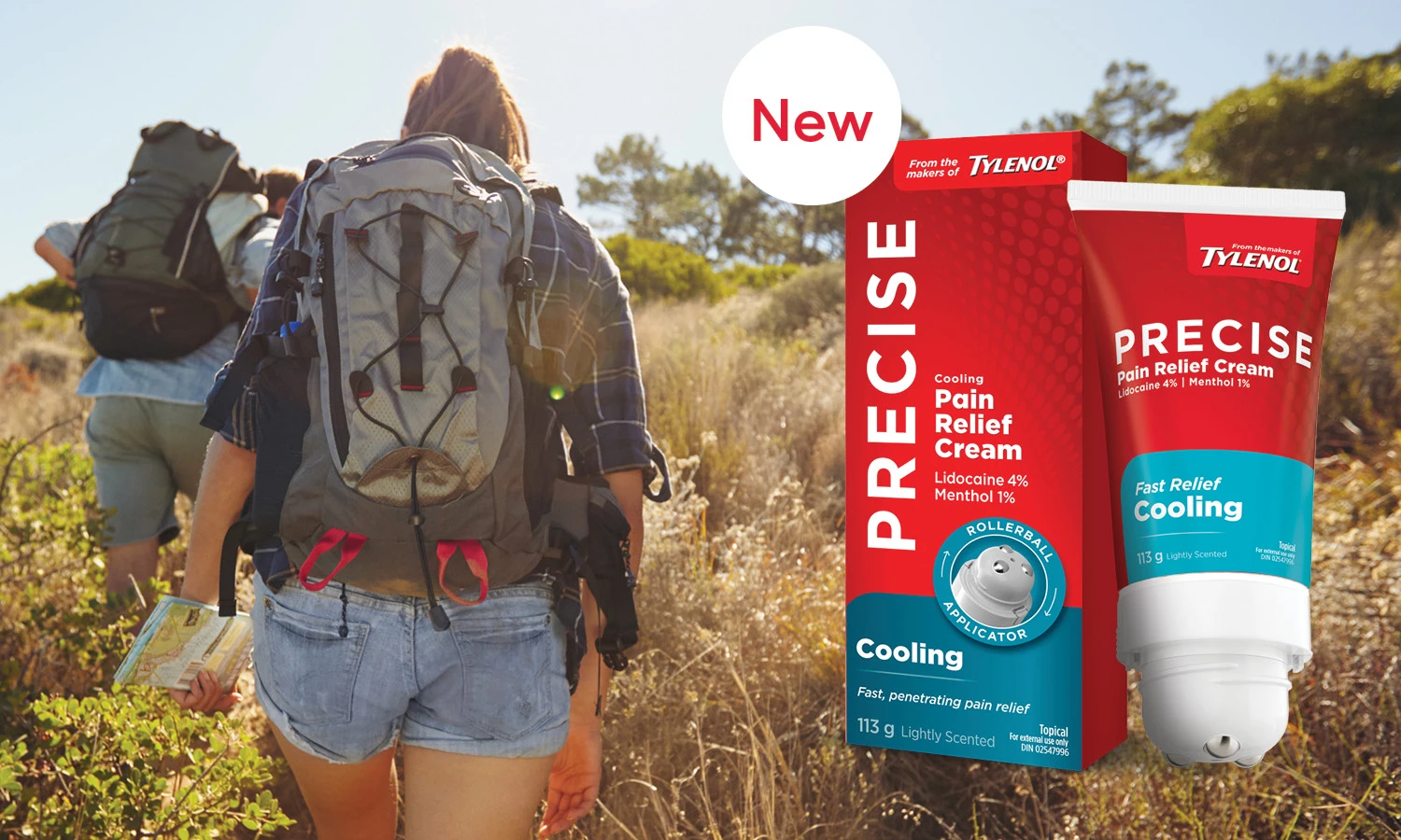 Cooling Pain Relief Cream from the makers of TYLENOL® shown with two hikers walking through a trail in the background.