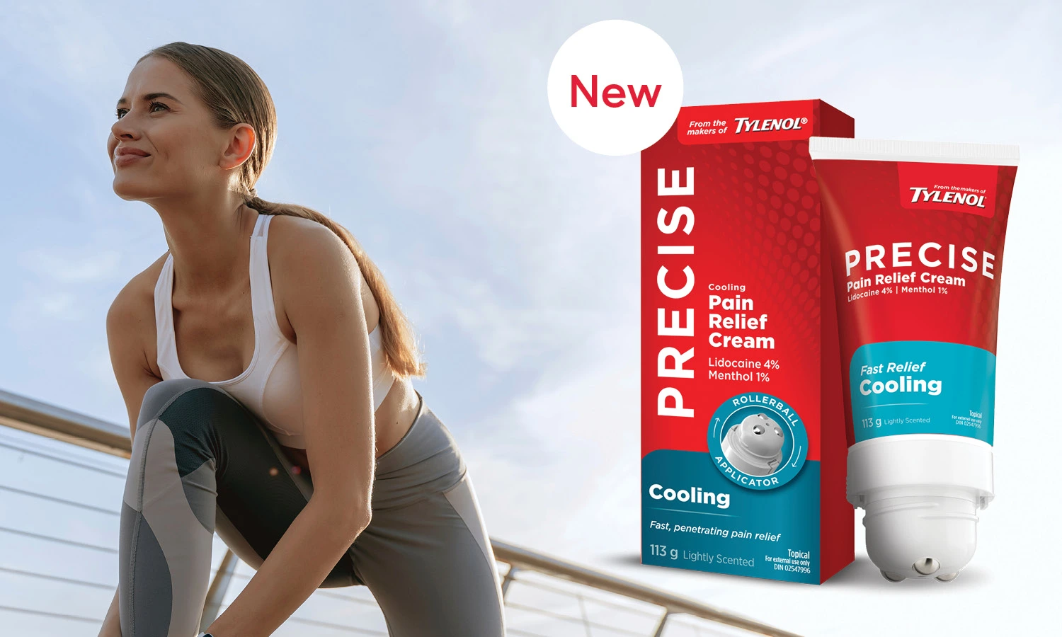 Woman in sportwear stretching outdoors and a product image of Precise Cooling Pain Relief Cream From the makers of TYLENOL®®