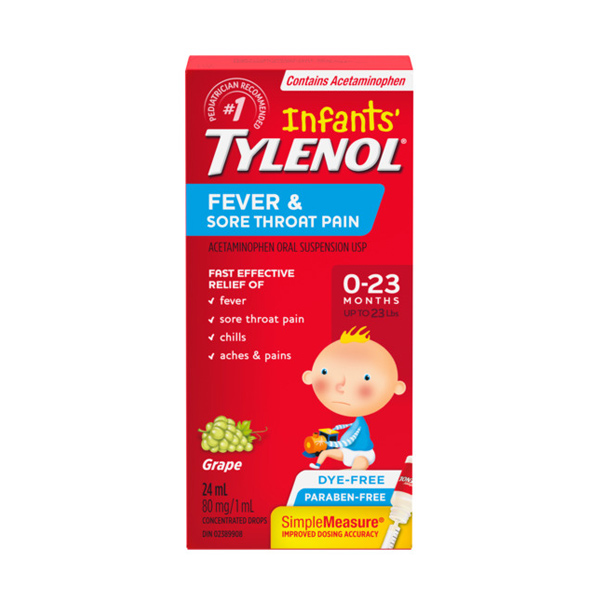 Infants' TYLENOL® Fever & Sore Throat Pain, Acetaminophen Oral Suspension USP, Grape Flavour, 24ml