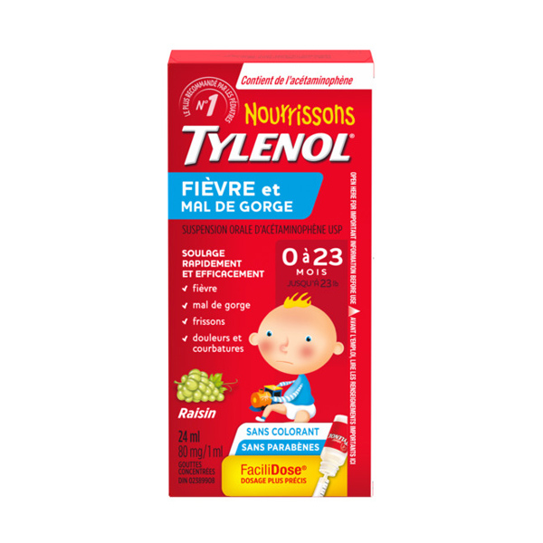 TYLENOL® Nourrissons Fièvre et mal de gorge, suspension orale d’acétaminophène USP, saveur de raisin, 24 ml