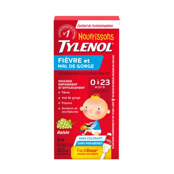 TYLENOL® Nourrissons Fièvre et mal de gorge, suspension orale d’acétaminophène USP, saveur de raisin, 24 ml