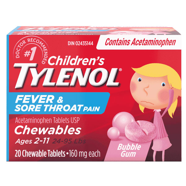 Children’s TYLENOL® Fever & Sore Throat Pain, Bubble Gum, 20 chewable tablets