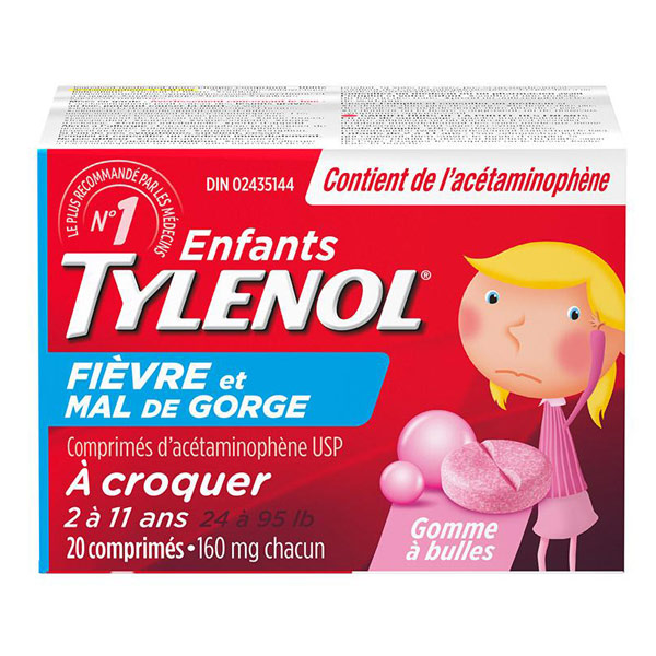 TYLENOL® Fièvre et mal de gorge, pour enfants, comprimés à croquer