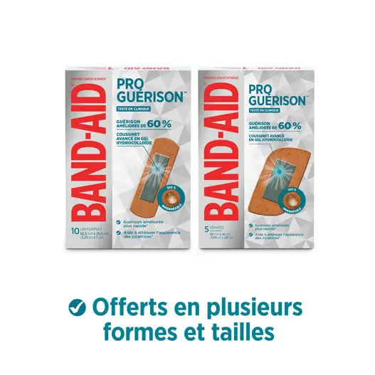 Les pansements adhésifs Band-Aid Pro Guérison sont offerts en plusieurs formes et tailles