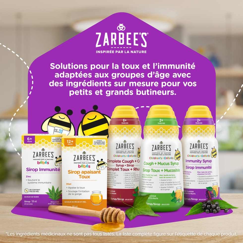 Cinq flacons de sirops Zarbee’s® Immunité et Toux pour bébés et pour enfants