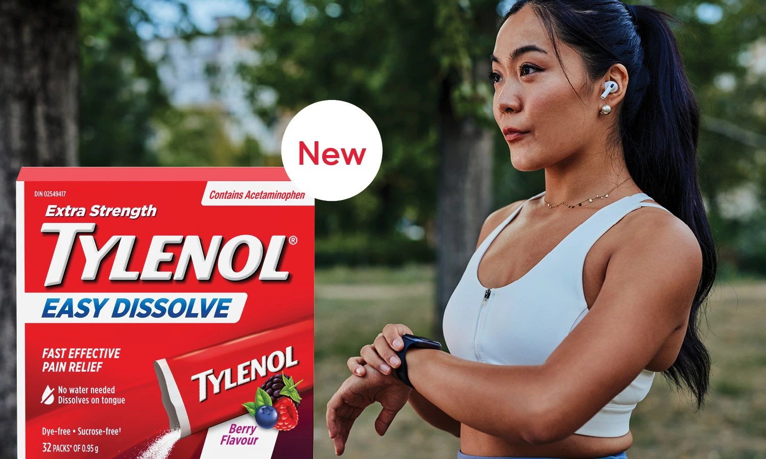 Woman in sportwear checking her smartwatch in a park and a product image of TYLENOL® Easy Dissolve