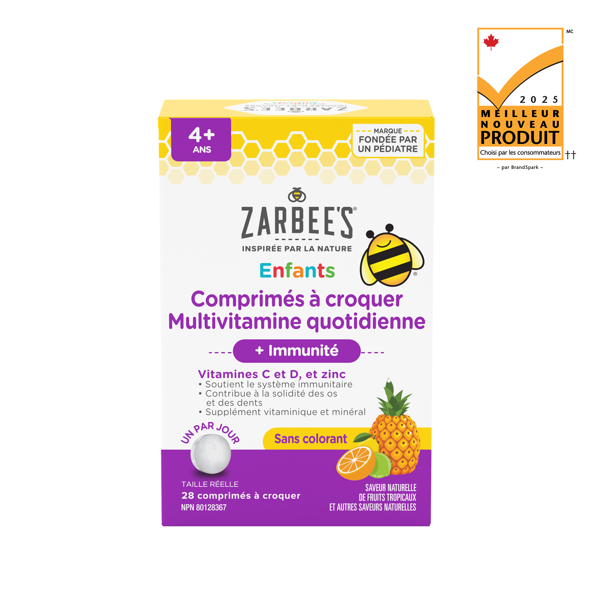 Les comprimés à croquer Zarbee’s® Multivitamine quotidienne + Immunité, pour enfants, 2025 Meilleur Nouveau Produit